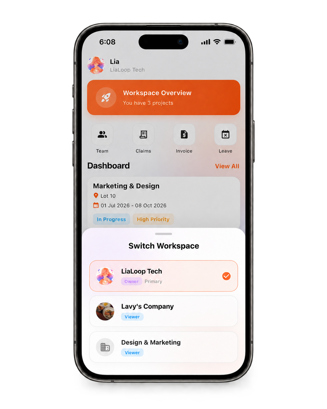 LiaLoop project management dashboard light mode